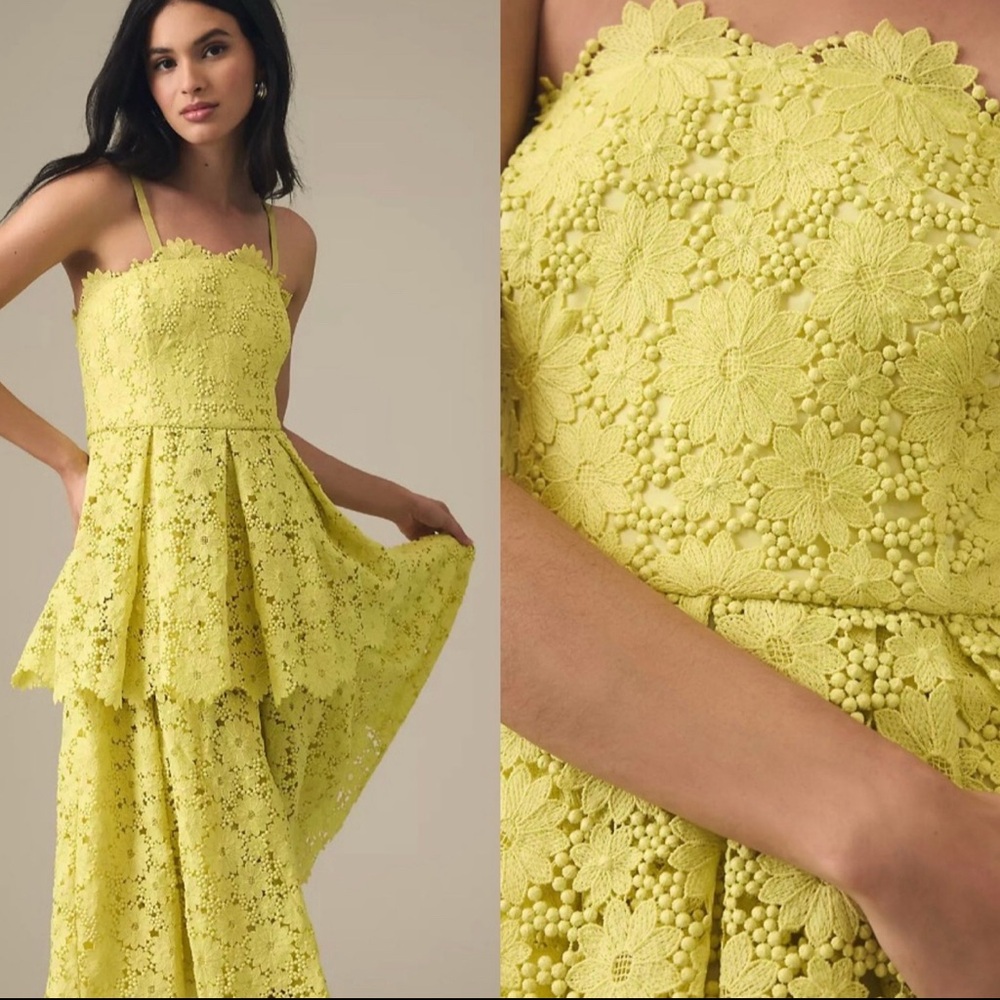 Maeve by Anthropologie Chartreuse Tiered Lace Eyelet Dress